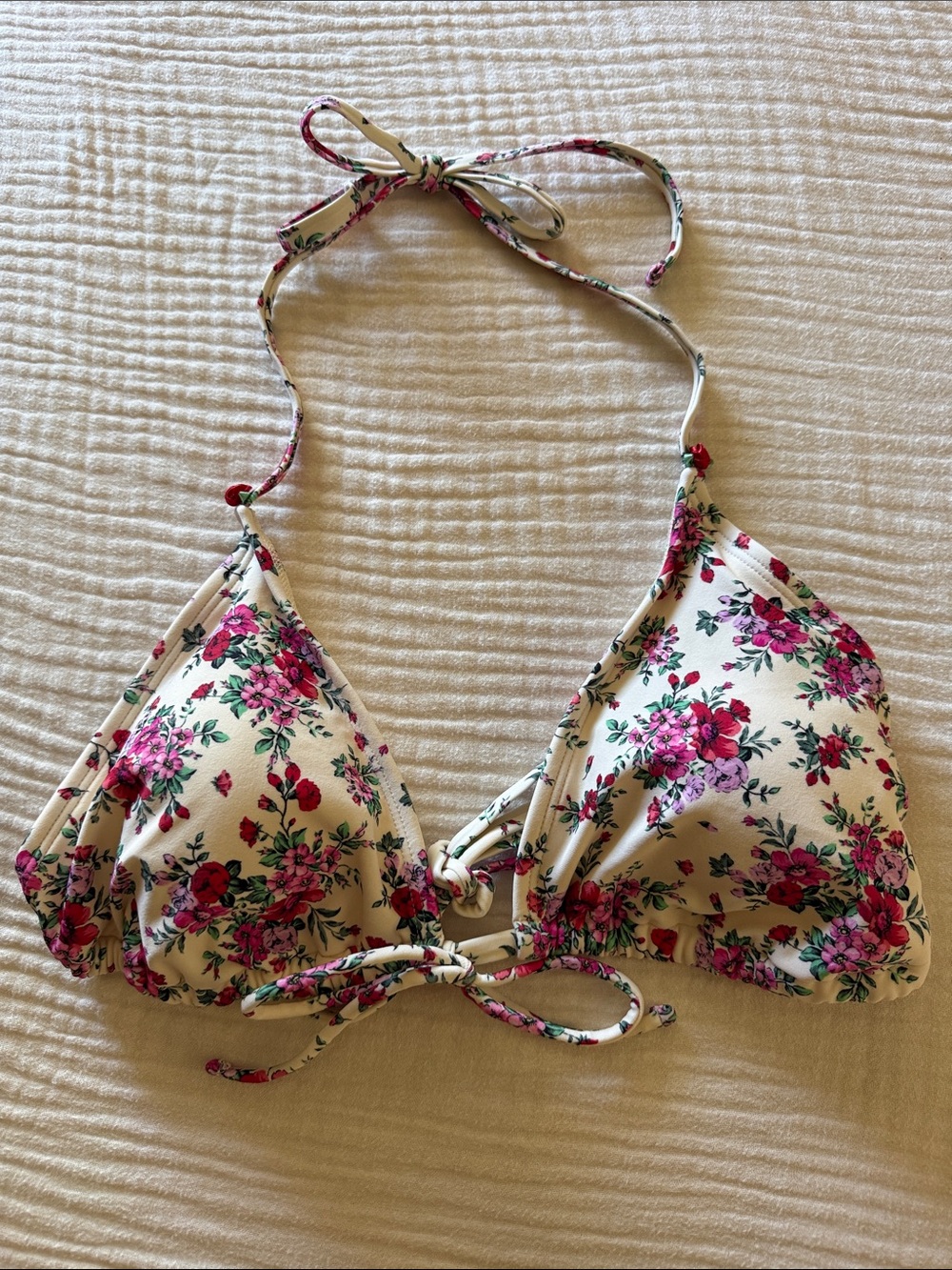 Pretty Floral Triangle Bikini Top - Cream with Pink & Red Flowers